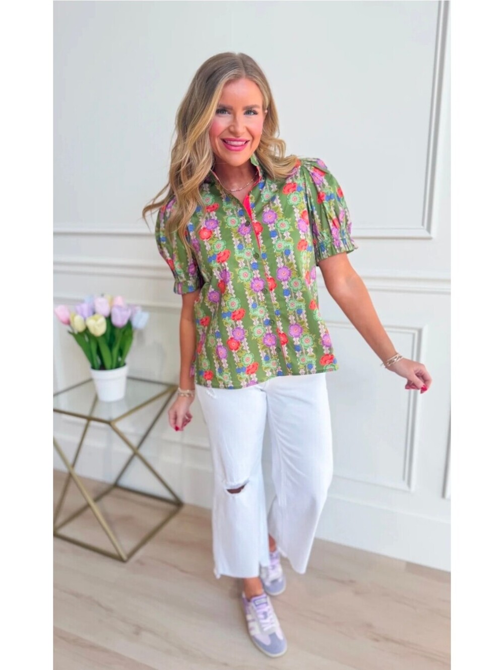 JODIFL Green Floral Button-Up Puff Sleeve Blouse, Size S